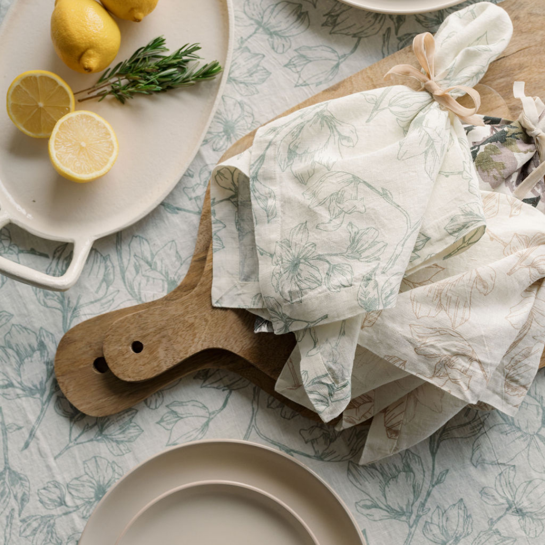 Grey and Green Lilies Linen Tablecloth