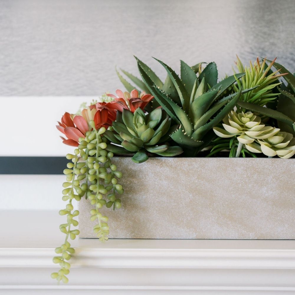 Rectangular Artificial Succulent Arrangement, Natural Planter
