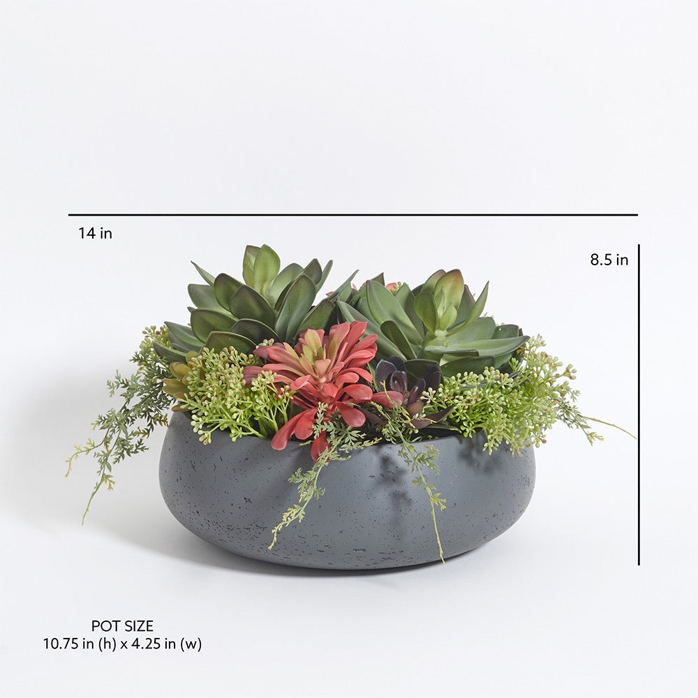 Round Artificial Succulent Arrangement, Gray Planter