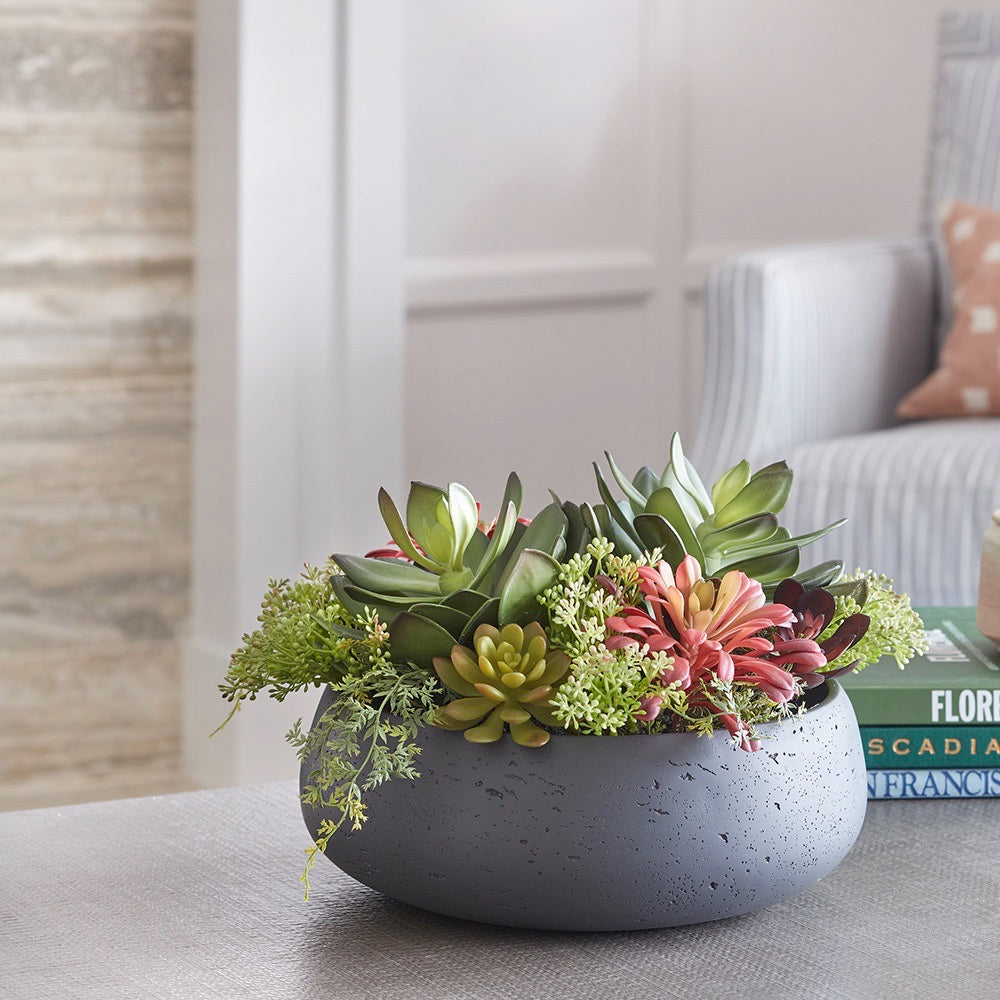 Round Artificial Succulent Arrangement, Gray Planter