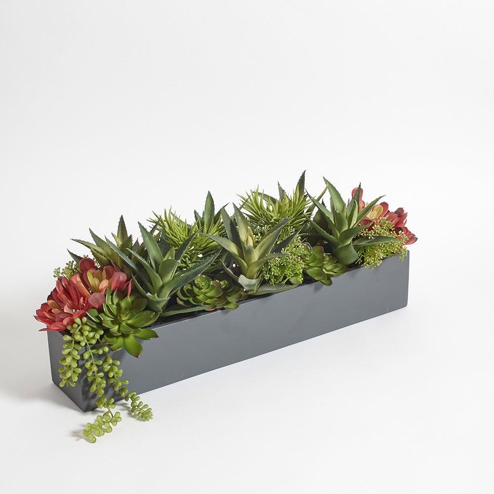 Rectangular Artificial Succulent Arrangement, Gray Planter