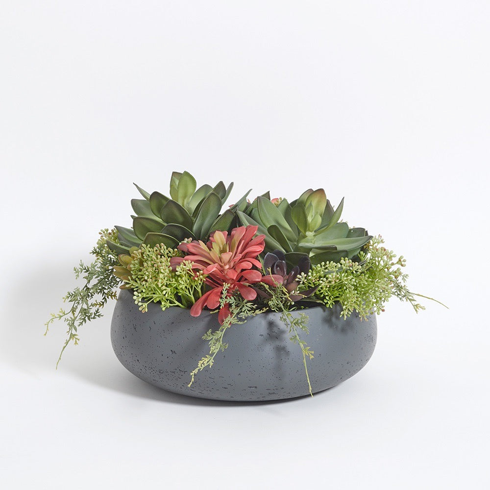 Round Artificial Succulent Arrangement, Gray Planter