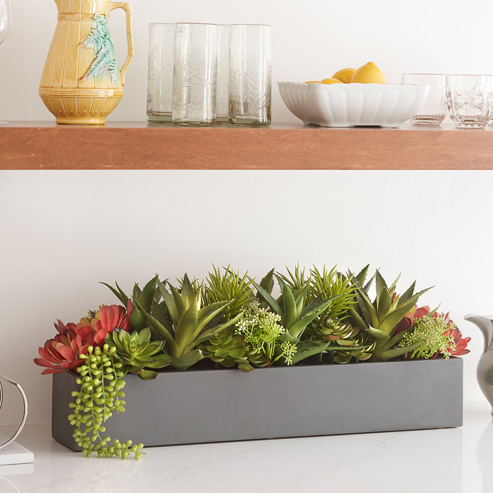 Rectangular Artificial Succulent Arrangement, Gray Planter