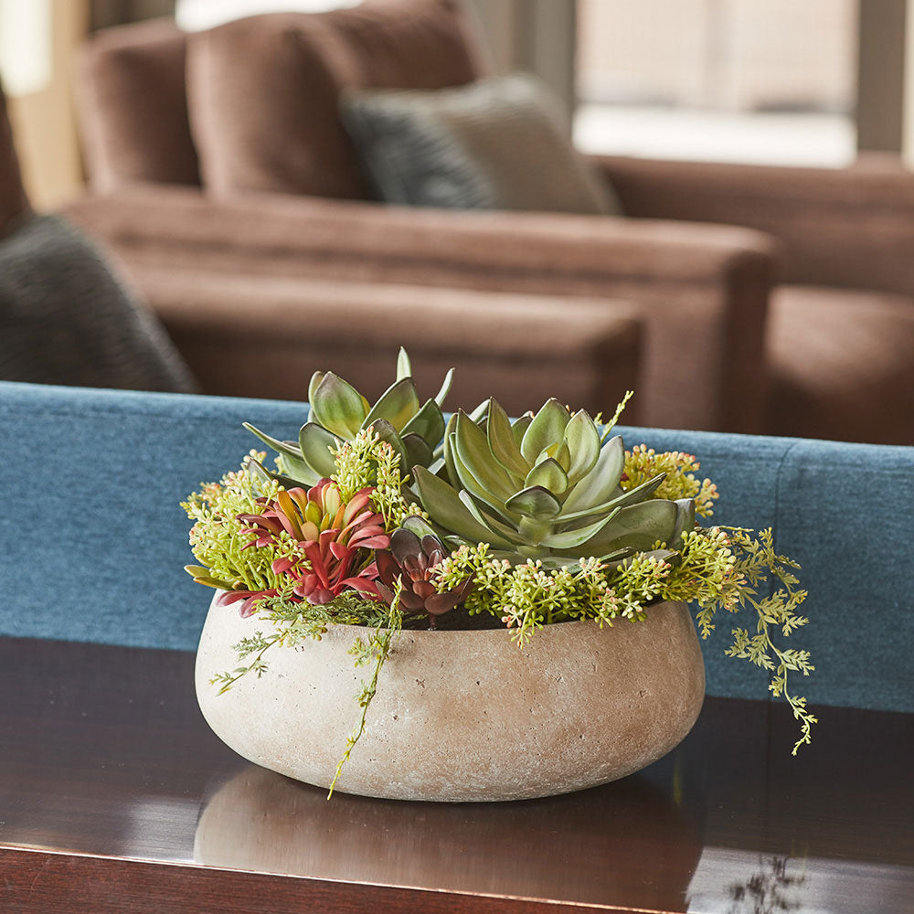 Round Artificial Succulent Arrangement, Natural Planter