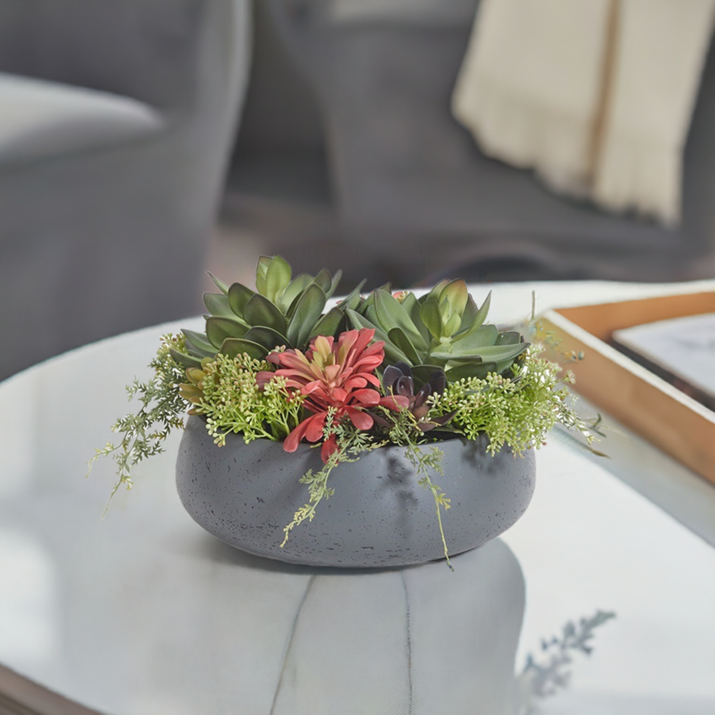 Round Artificial Succulent Arrangement, Gray Planter